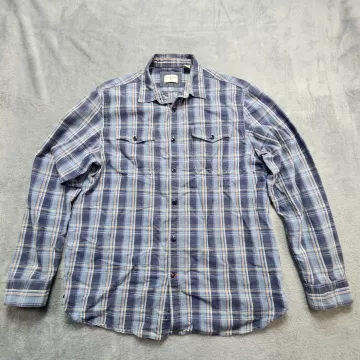 Dockers Button Up Shirt Men's Large Blue Plaid Long Sleeve Cotton Double Pocket - Front