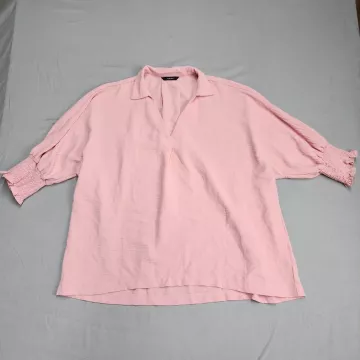 Dokotoo Womens Pink Blouse Size L 3/4 Sleeve Smocked Cuff V-Neck Textured Top - Front