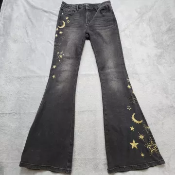 Driftwood Farrah Flare Jeans Size 27 Black Celestial Moon Star Embroidered Denim - Front
