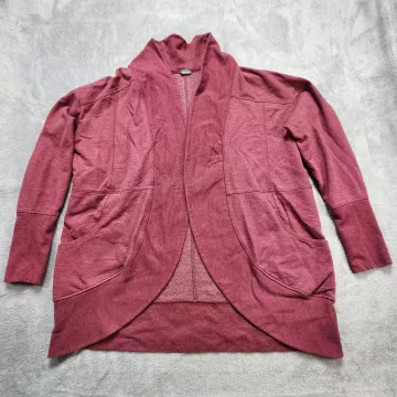 Eddie Bauer Cardigan Sweater Womens XL Burgundy Fleece Open Front Pockets Draped