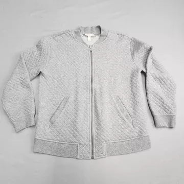 Eileen Fisher Womens S Heather Grey Quilted Knit Bomber Jacket Full Zip Cotton - Front