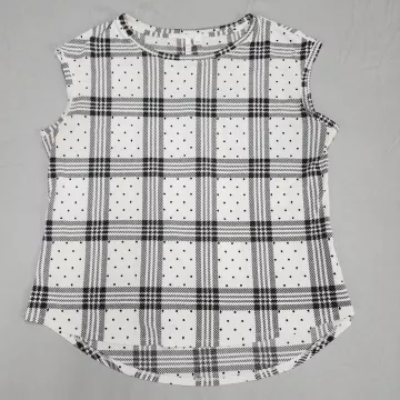 ELLE Tank Top Women's L White Black Plaid Polka Dot High Low Hem Stretch - Front