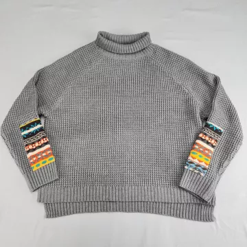 EMERY Women's L Grey Turtleneck Pullover Sweater Knit Patterned Cuffs - Front