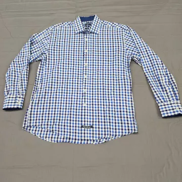 English Laundry Men's Large Blue White Gingham Long Sleeve Button Up Shirt - Front