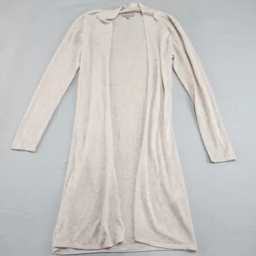 evolution by Cyrus Open Front Cardigan Women's M Beige Pointelle Knit Long Visco - Front