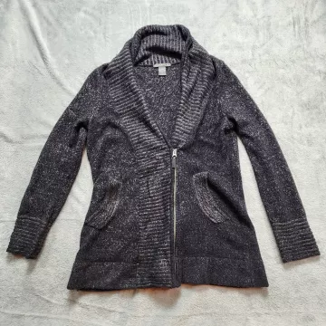 ExOfficio Women's Cardigan Sweater M Gray Wool Blend Full Zip Shawl Collar Knit - Front