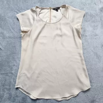 Express Blouse Women's Small Beige Satin Short Sleeve Exposed Back Zipper Top - Front