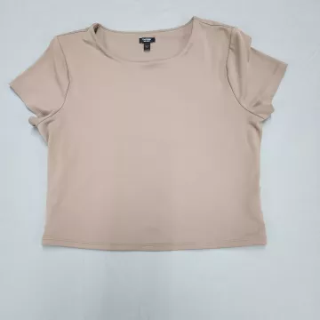Express Body Contour T-Shirt Women's Size L Tan Short Sleeve Stretch Jersey Top - Front