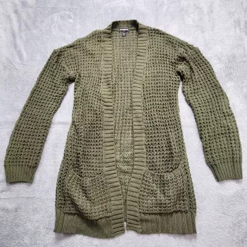 Express Cardigan Sweater Women's XS Olive Green Open Front Waffle Knit Pockets - Front