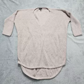 Express Sweater Women's Small Beige Cotton V-Neck Tunic Oversized High Low Knit - Front