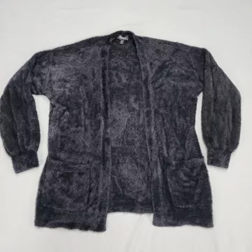 Express Women's L Black Fuzzy Eyelash Knit Open Front Cardigan Sweater Pockets