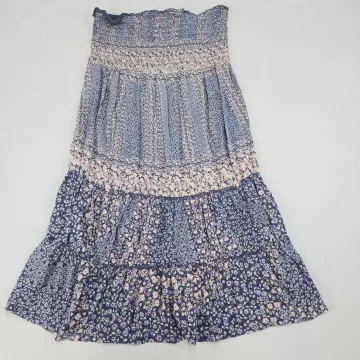 Express Women's L Navy Blue Floral Smocked Strapless Dress Tiered Skirt Cotton - Front