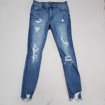 Express Womens 10L Denim Perfect High Rise Ankle Jeans Blue Distressed Stretch - Front