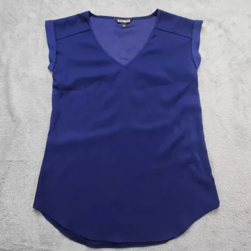 Express Womens Blouse XS Navy Blue V-Neck Short Sleeve Rolled Cuff Stretch Top - Front