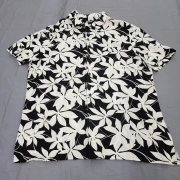 Express Womens L Button Up Shirt Black Beige Floral Leaf Rayon Short Sleeve - Front