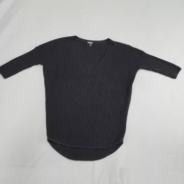 Express Womens Sweater S Petite Black V-Neck Ribbed Knit 3/4 Sleeve Pullover - Front
