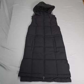 Falls Creek Long Puffer Vest Women's Size S Black Quilted Hooded Full Zip Nylon - Front