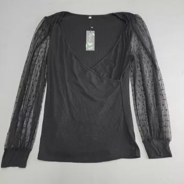 Fayenne Black XL Wrap Blouse V-Neck Long Sheer Polka Dot Puff Sleeve Ribbed Knit - Front