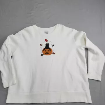 Field Gear Womens Plus 1X White Halloween Sweatshirt Embroidered Cat Pumpkin - Front