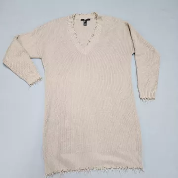 Forever 21 Womens S Beige Ribbed Knit Distressed V-Neck Sweater Dress - Front