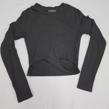 Forever 21 Womens Size S Black Ribbed Long Sleeve Criss Cross Cut Out Crop Top