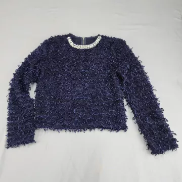 Forever Lily Textured Knit Pullover Sweater Women's S Navy Blue Pearl Back Zip - Front