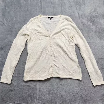 Frye Cardigan Sweater Women's M Ivory Cream Pointelle Cotton V-Neck Scalloped - Front