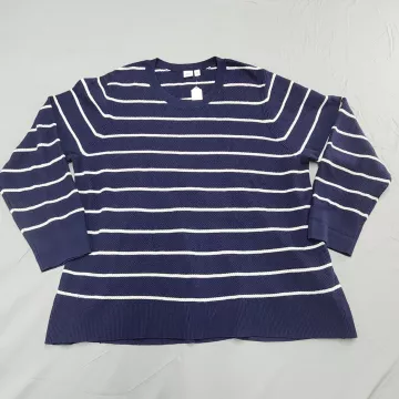 Gap Womens Sweater 2XL Navy Blue Striped Crew Neck Cotton Blend Pullover - Front