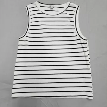 Green Envelope Womens S Tank Top Black White Striped Crew Neck Cotton Blend USA - Front
