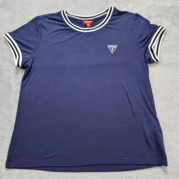 GUESS Women's T-Shirt Large Navy Blue Ringer Tee Striped Trim Embroidered Logo - Front