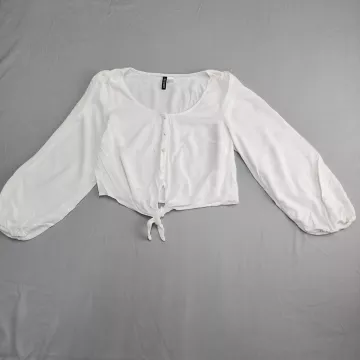 H&M Divided Womens M White Cropped Blouse Tie Front Long Balloon Sleeve Top - Front