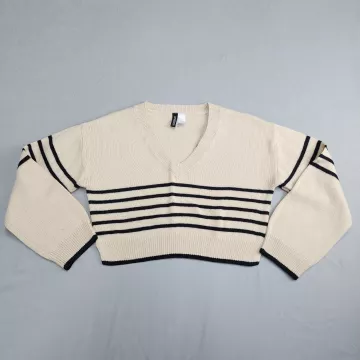 H&M Divided Womens Sweater Size XS Beige Black Striped V-Neck Cropped Pullover - Front
