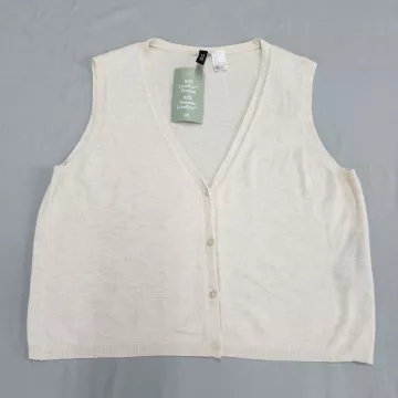 H&M Divided Womens Sweater Vest Size M Beige Button Front V-Neck Knit Viscose - Front