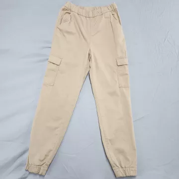 H&M Women's Size 4 Beige High Rise Cargo Pants Elastic Waist Cotton Pull On - Front