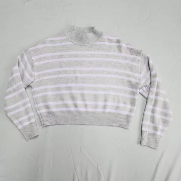 H&M Womens Sweater Size S Gray Purple Striped Mock Neck Cropped Pullover Knit - Front