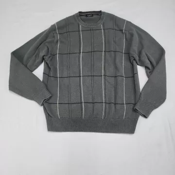 Haggar Mens M Olive Green Windowpane Plaid Cotton Crew Neck Pullover Sweater - Front