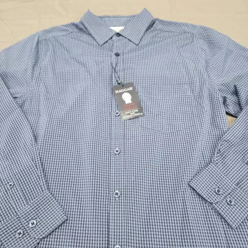 Haggar Mens S Blue Gingham Button Up Shirt Long Sleeve Moisture Wicking Stretch - Main