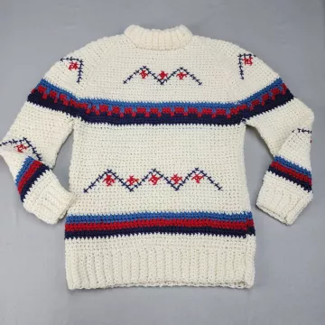 Handmade Crochet Sweater Women's M Cream Ivory Geometric Pullover Mock Neck - Front