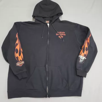 Harley-Davidson Mens XL Black Full Zip Hoodie Flame Sleeve Graphic Sweatshirt