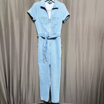 Haute Monde Womens L Light Blue Denim Jumpsuit Zip Front Belted Short Sleeve - Front