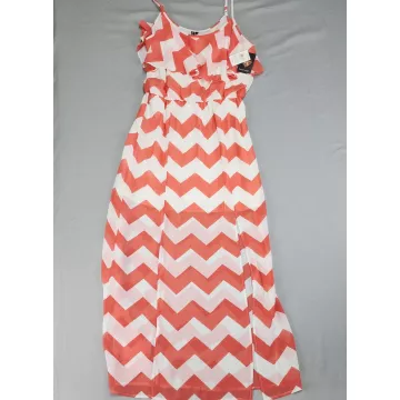 Heartsoul Womens XL Maxi Dress Coral Ivory Chevron Double Slit Ruffle NWT - Front