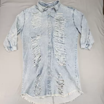 Highway Jeans Womens 2X Plus Blue Distressed Cotton Denim Shirt Jacket Frayed - Front