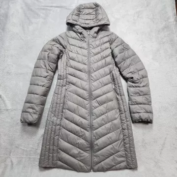 Hollister Puffer Coat Women's XS Gray Longline Hooded Chevron Quilted Winter Zip - Front