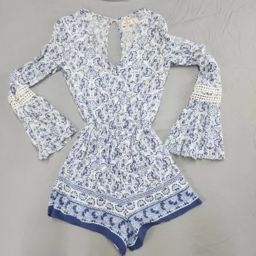 Hollister Romper Womens XS White Blue Floral Long Bell Sleeve V Neck Lace Trim - Front