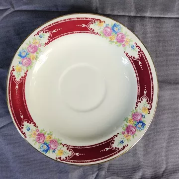 Homer Laughlin Floral Burgundy Border Ceramic Saucer 1949 Made in USA F49N6 - Front