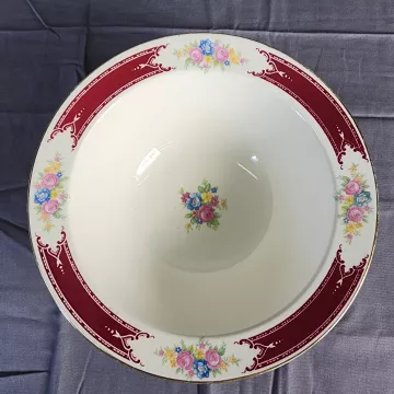 Homer Laughlin Floral China Serving Bowl Maroon Rim Gold Trim 1949 H49N6 - Front