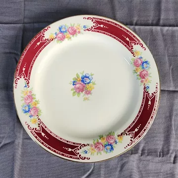 Homer Laughlin Vintage Floral Ceramic Plate Maroon Rim USA 1949 J49N6 - Front