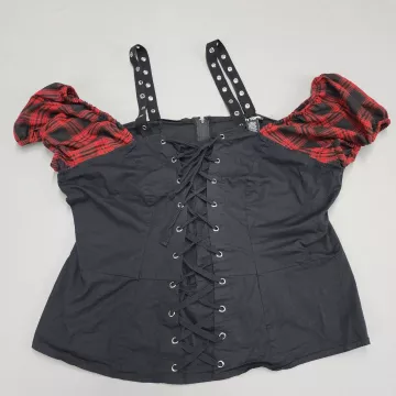 Hot Topic Size 2 Black Red Plaid Off Shoulder Corset Top Lace Up Grommet - Front