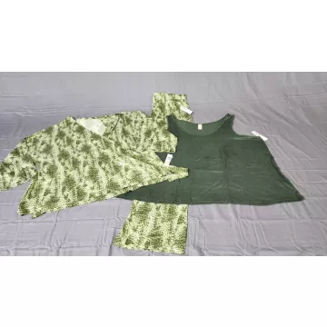 HUE Womens Plus 3X 3-Piece Pajama Set Olive Green Leopard Print Brushed Knit - Front