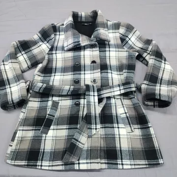 Ike Behar Womens XL Plaid Fleece Belted Jacket Coat Double Breasted Black Grey - Front